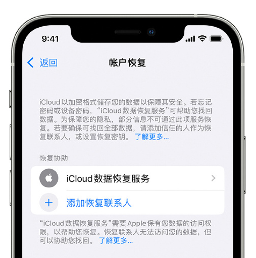 望城苹果手机维修分享在 iPhone 上设置帐户恢复联系人的方法 